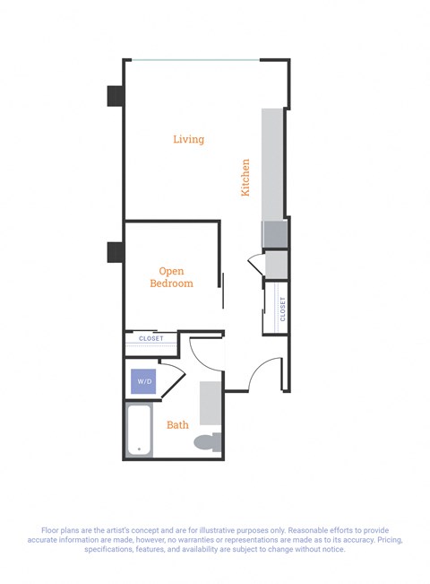 Floor plan for 1 bed, 1 bath, 583 sqft